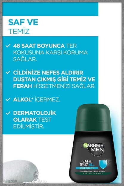 Garnier Men 48h Saf Ve Temiz Roll-on 50 ml X 3 Adet